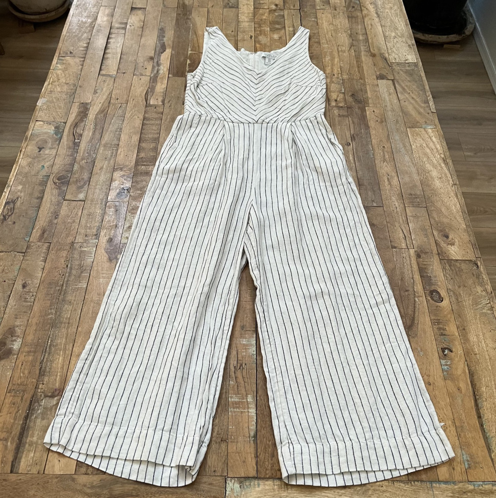 Rachel Zoe Wide-Leg V-Neck Jumpsuit Women's 4 Ivory & Black Striped Linen Blend